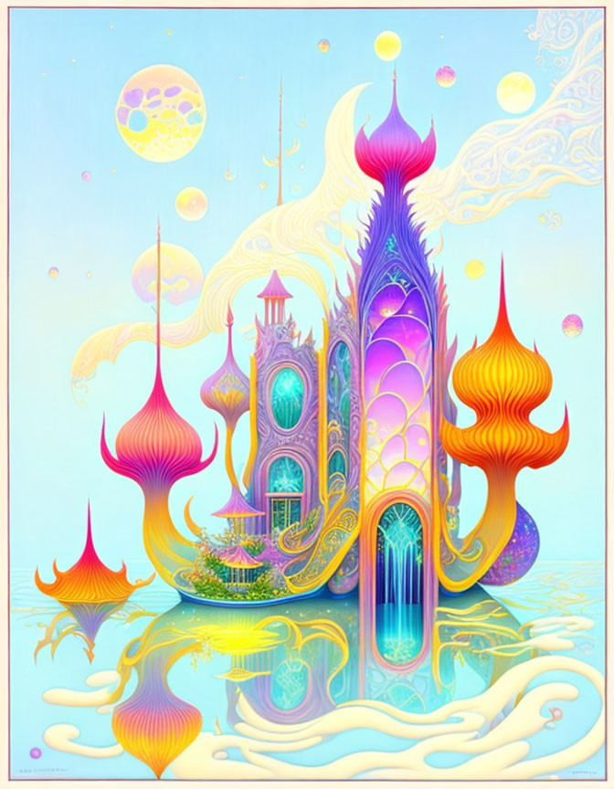 Colorful, whimsical castle illustration with onion domes and flame-like trees