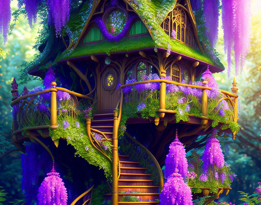 Intricate Wooden Treehouse in Vibrant Wisteria Forest