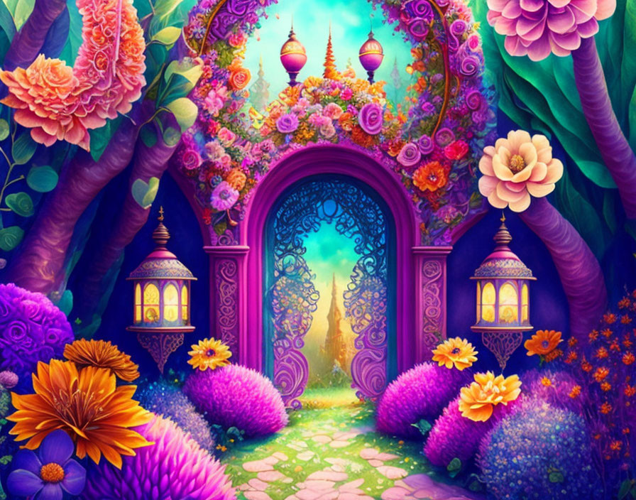 Colorful flower archway in mystical garden with cobblestone path