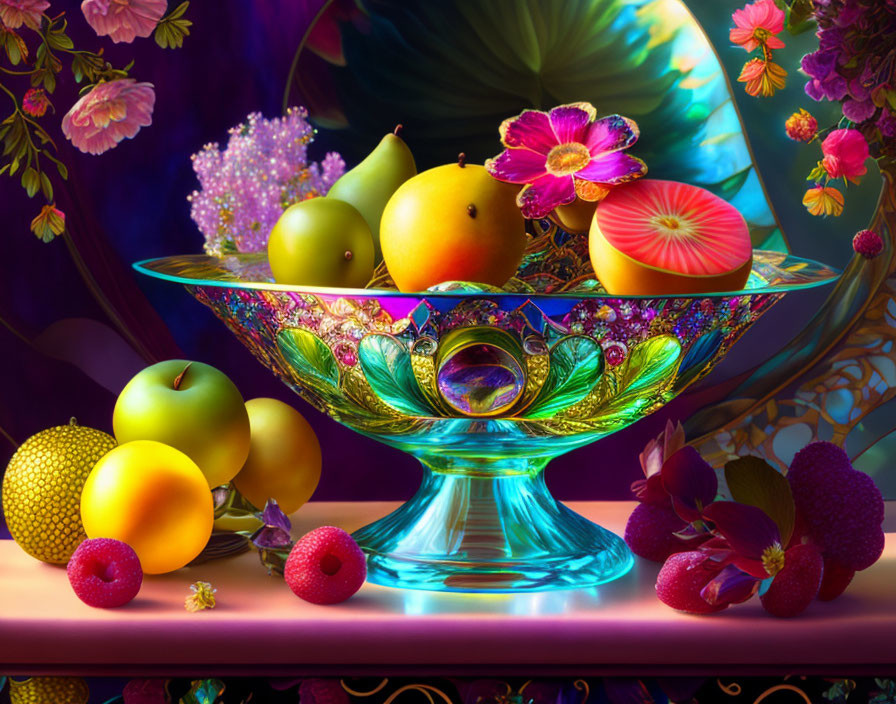 Colorful still life with glass bowl, fruits, flowers, and draped background