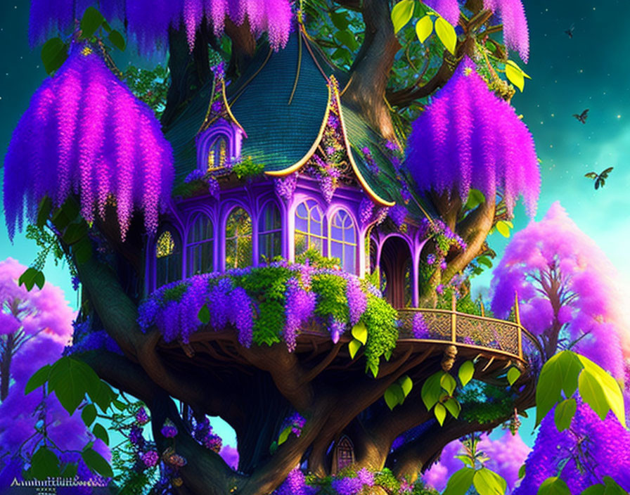 Whimsical Treehouse Among Vibrant Purple Blossoms