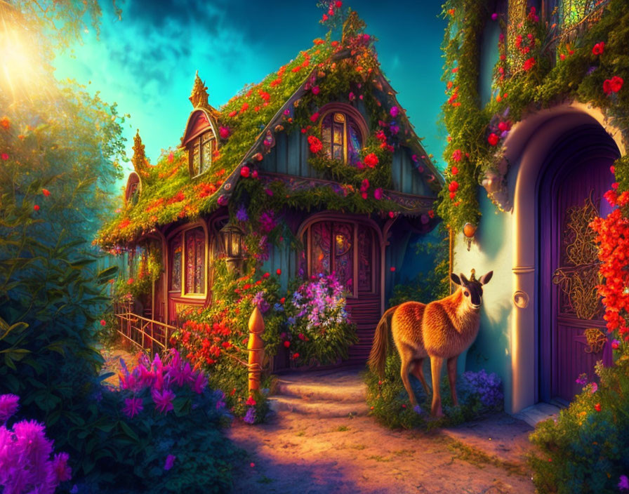 Thatched roof cottage with llama in flower garden at sunset