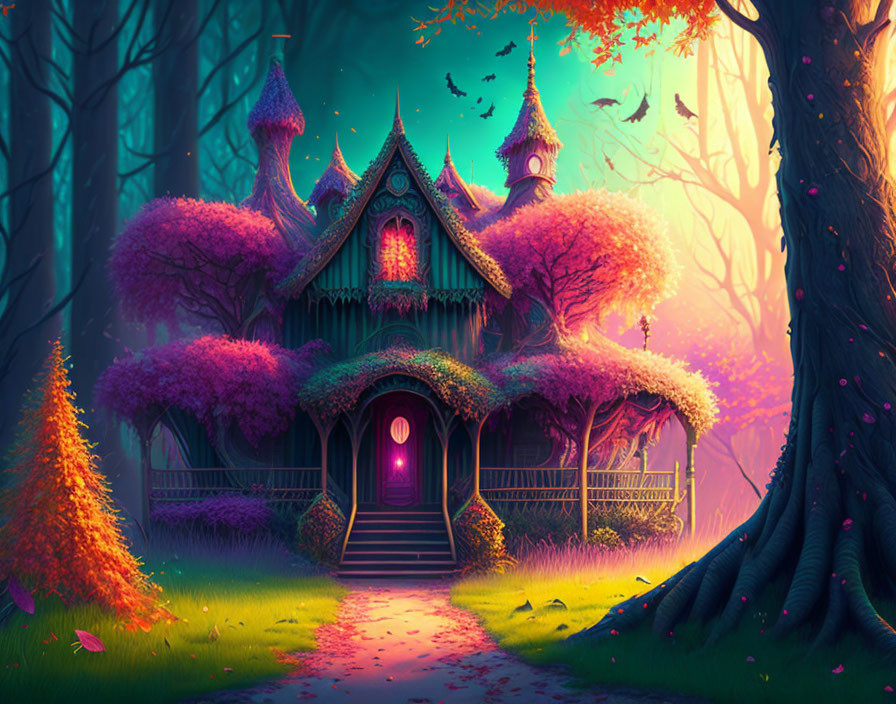 Woodland cottage with purple foliage, intricate details, and glowing door nestled in twilight forest