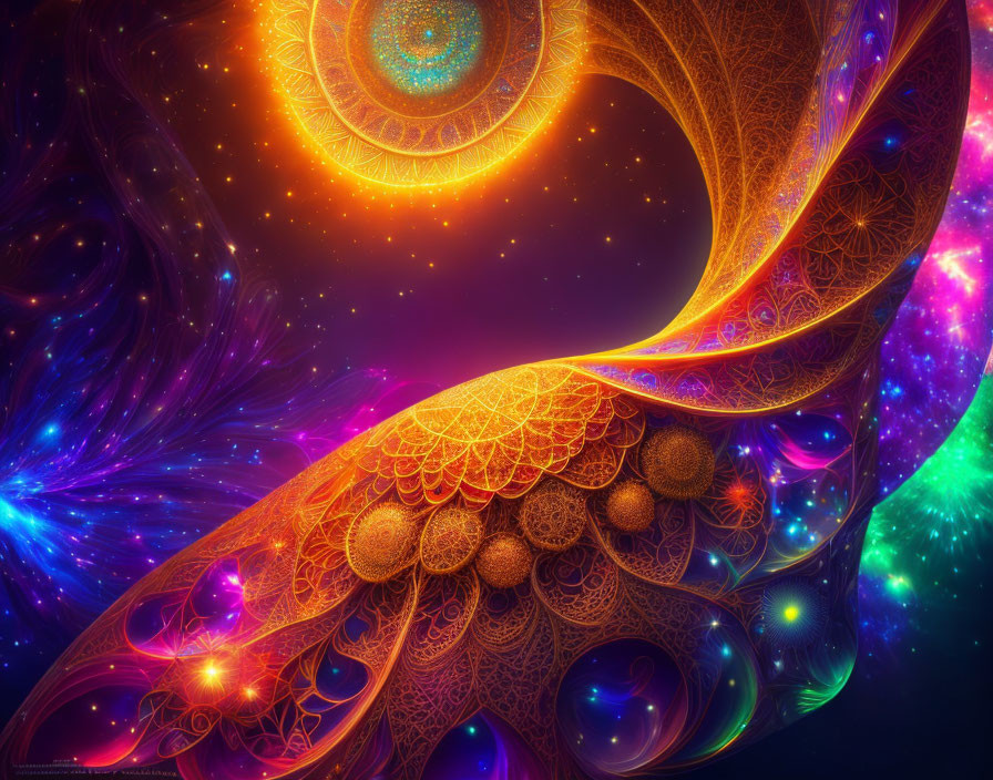 Colorful fractal pattern on cosmic background in warm hues.