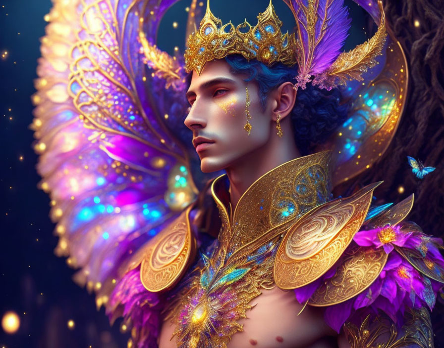 Blue-skinned male figure in gold and purple regalia with fluttering butterflies.