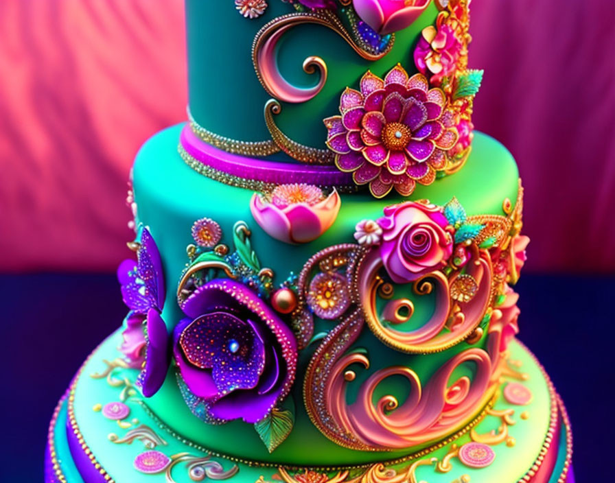 Colorful Multi-Tiered Cake with Intricate Icing Flowers and Gold Embellishments