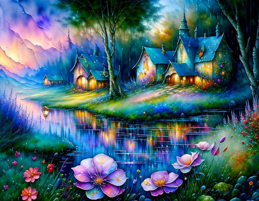 Colorful Painting: Whimsical Village & Illuminated Cottages at Twilight