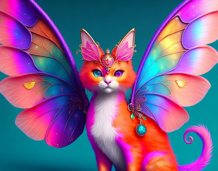 Whimsical Cat with Butterfly Wings and Jewelry