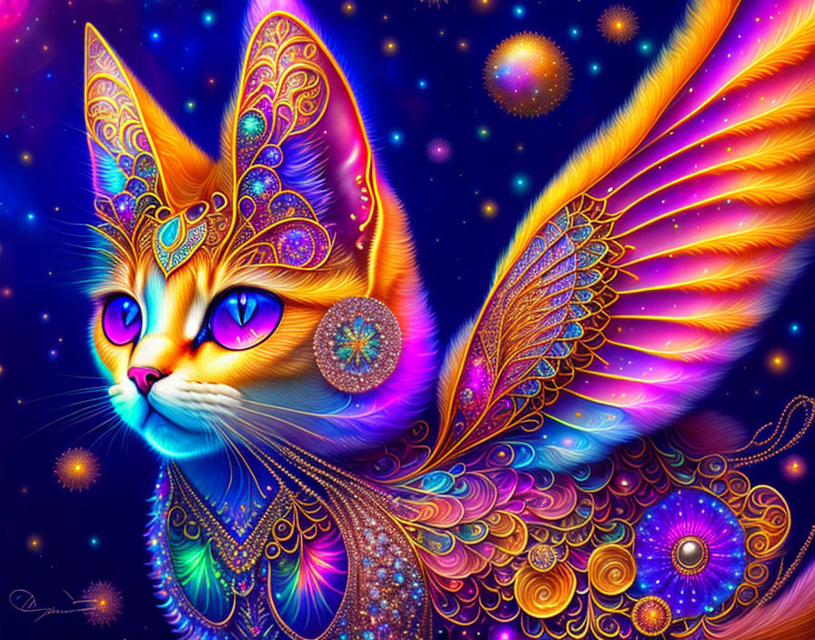 Colorful digital artwork: Whimsical cat with butterfly wings in neon cosmic setting