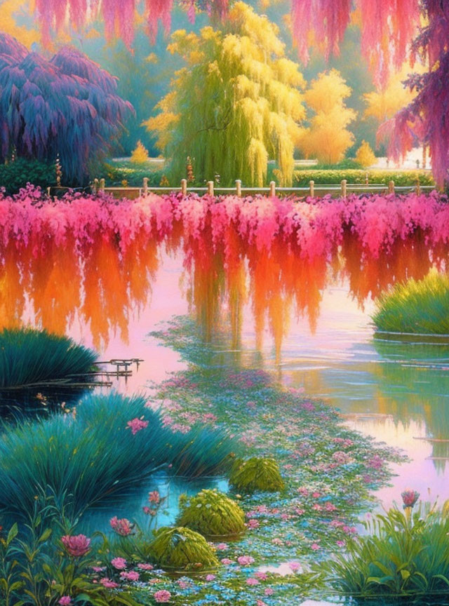 Vibrant Pond Surrounded by Lush Greenery and Flowers