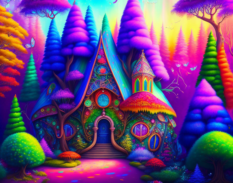 Fantasy landscape with colorful house and neon trees