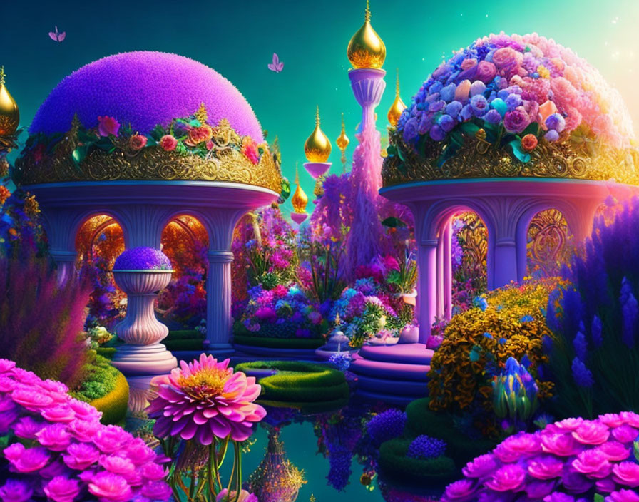 Enchanting garden with vibrant flowers and golden domes