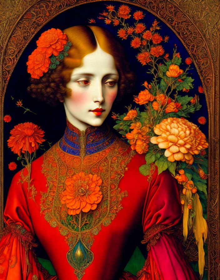 Elegant Woman in Red Dress Surrounded by Orange Flowers