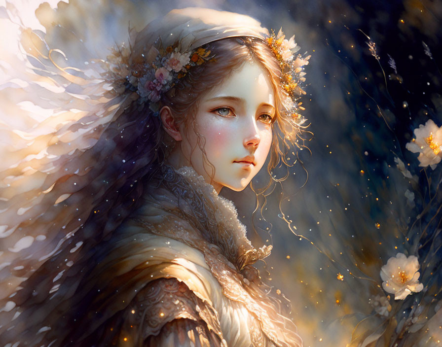 Ethereal fantasy portrait of young woman with flowers in hair in snowy setting