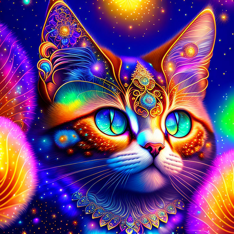 Vibrant Cat Portrait with Cosmic Patterns and Colors