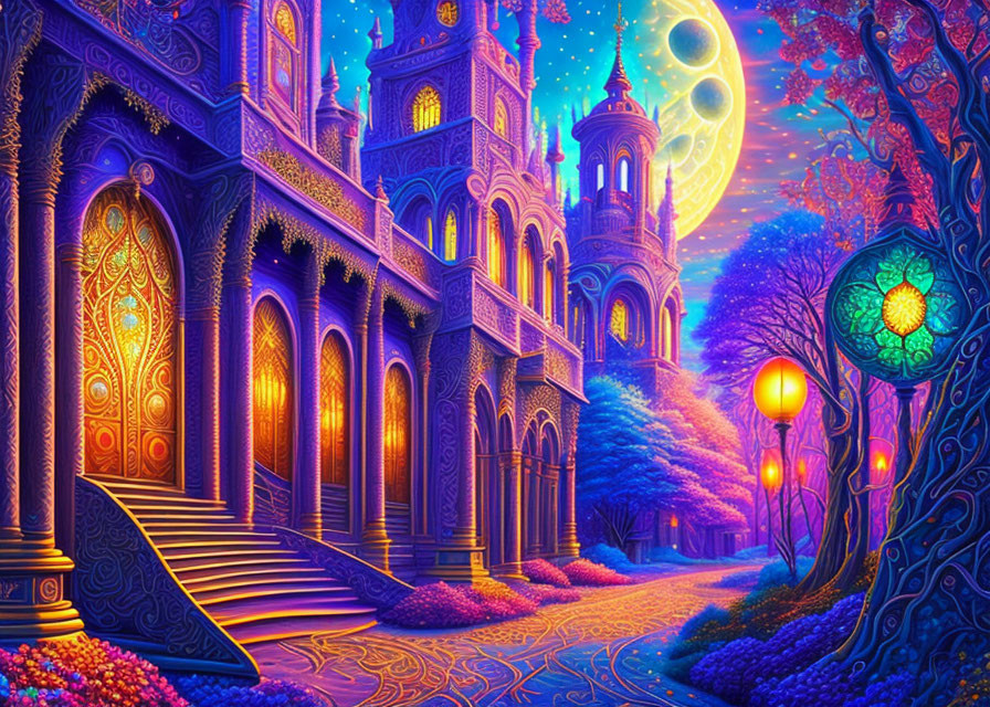 Fantasy castle at night with lanterns, stairway, ornate doors under starry sky.