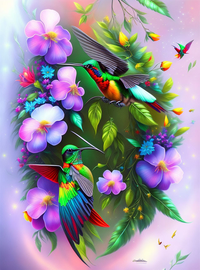 Colorful hummingbirds and flowers in vibrant digital artwork