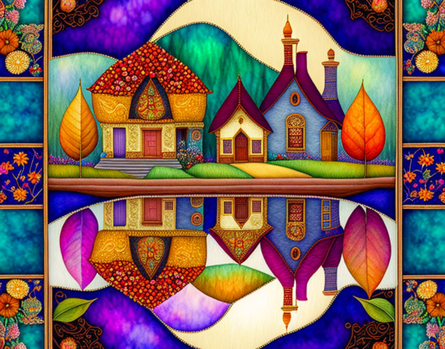 Vivid Whimsical House Illustration with Floral and Geometric Patterns