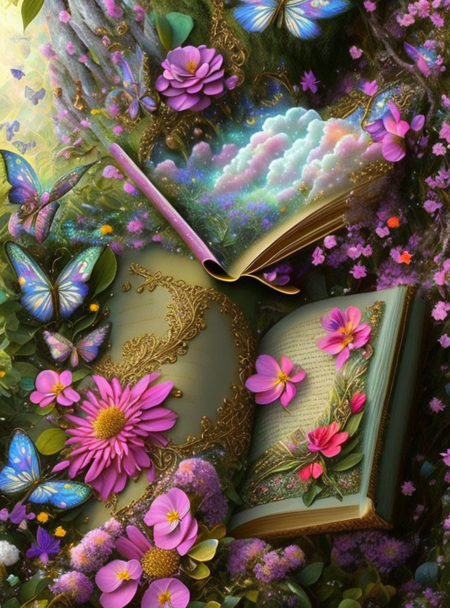 Ornate open book with fantasy landscape, flowers, and butterflies