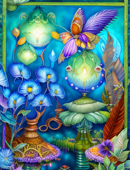 Colorful fantasy artwork: butterflies, lanterns, flowers on starry backdrop.