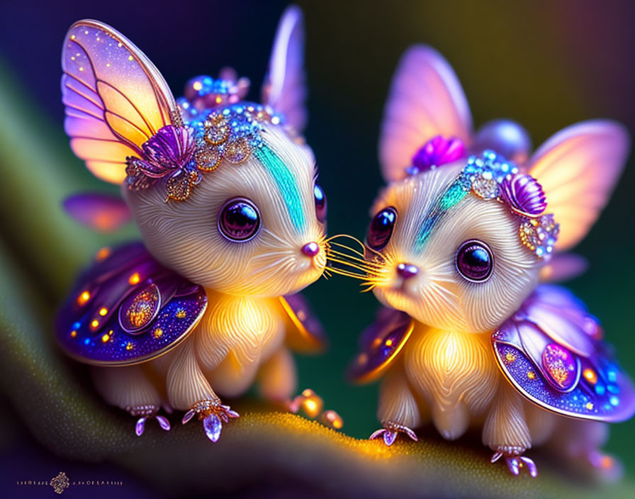 Fantasy creatures with butterfly wings touching noses in vibrant setting