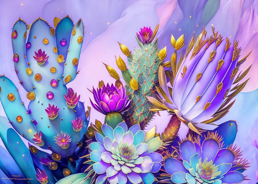 Colorful cacti and succulents in purple, blue, and pink with golden details