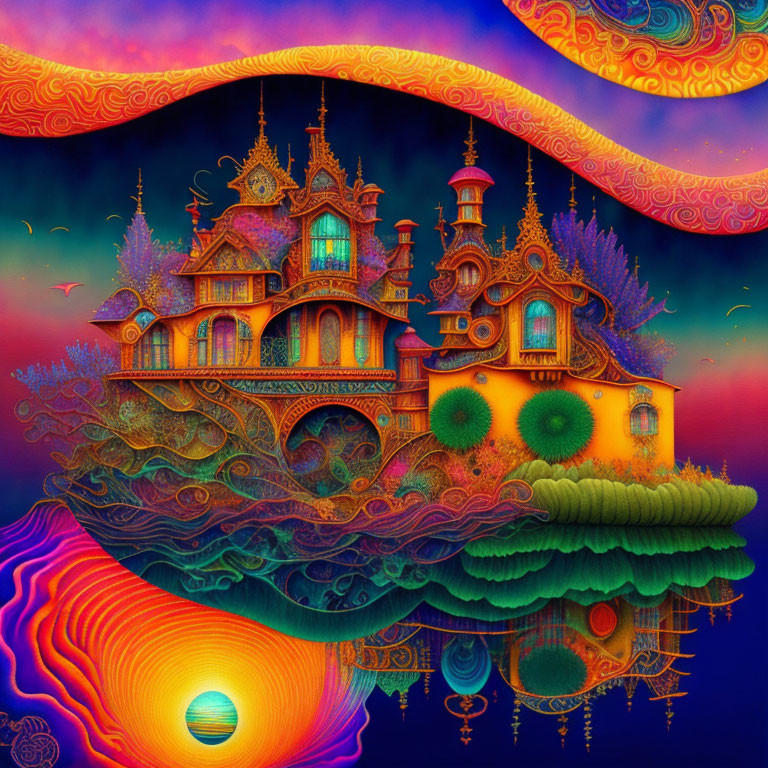 Colorful Psychedelic House Illustration with Swirling Sky