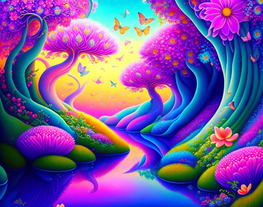 Vibrant Fantasy Landscape with Whimsical Trees and River