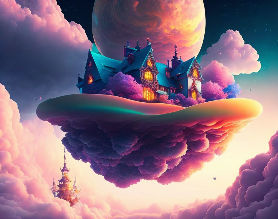 Whimsical floating island with colorful houses and giant planet in the sky