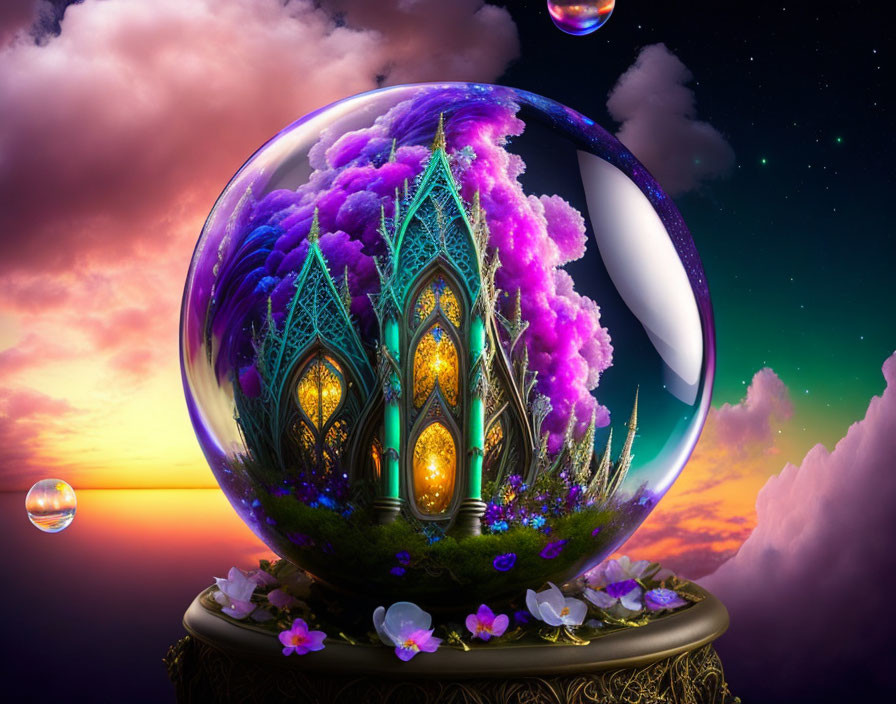 Colorful digital artwork: Crystal ball with mystical castle in vibrant sunset scene