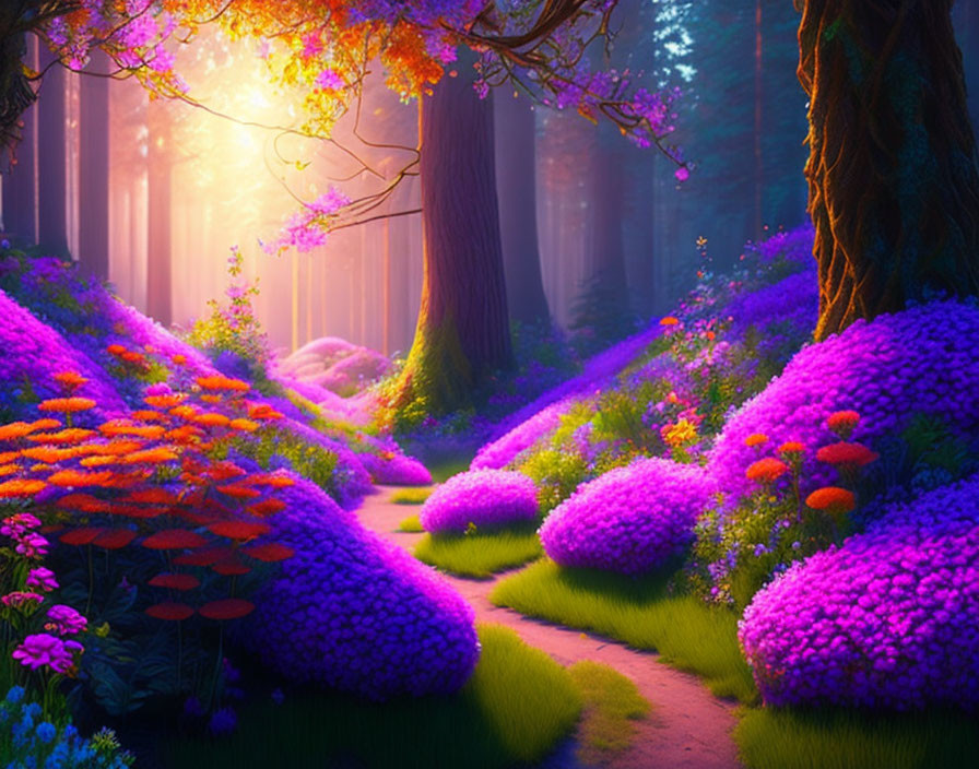 Serene forest scene with vibrant flowers and trees