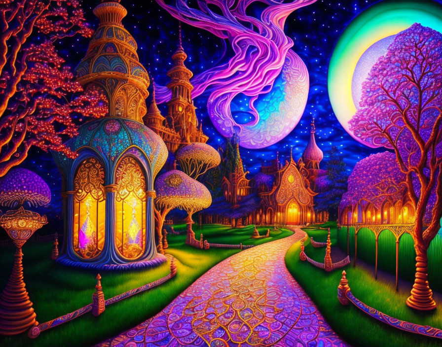 Fantastical landscape with glowing buildings and purple skies