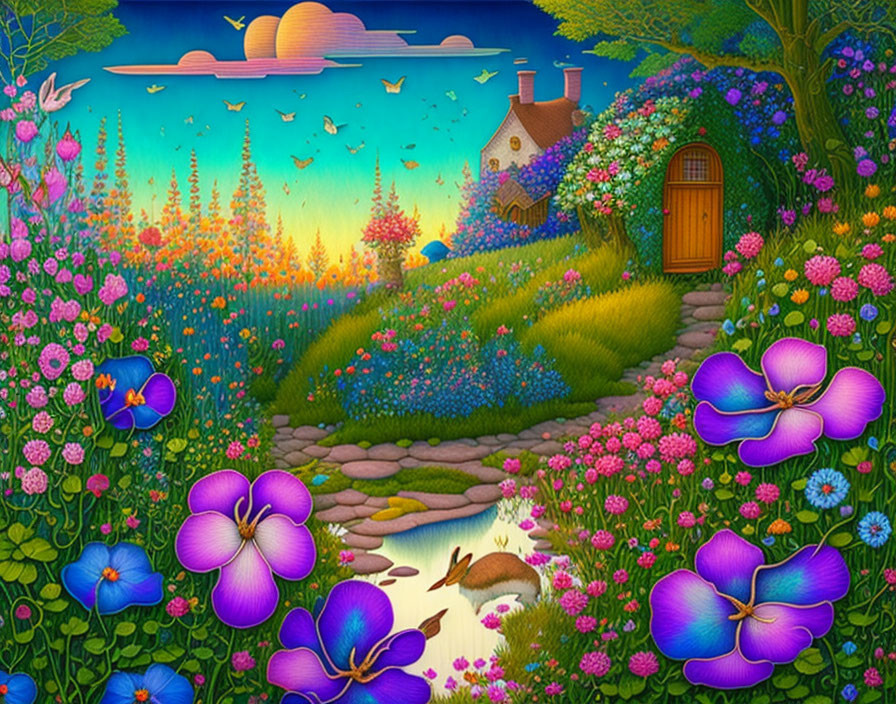 Whimsical Landscape with Cottage and Blooming Garden