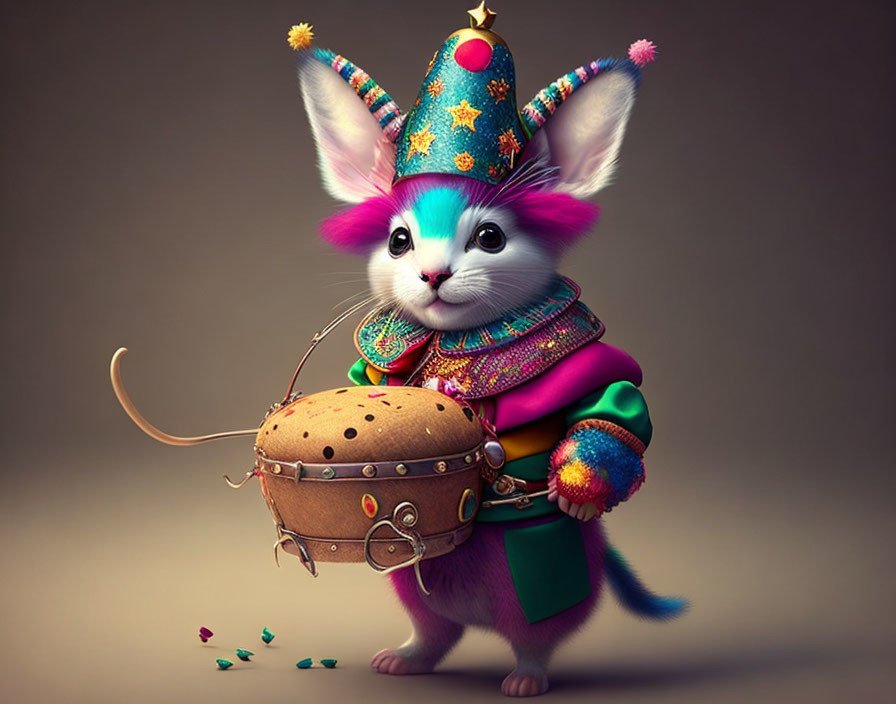 Colorful Jester Rabbit Holding Drum in Soft Background