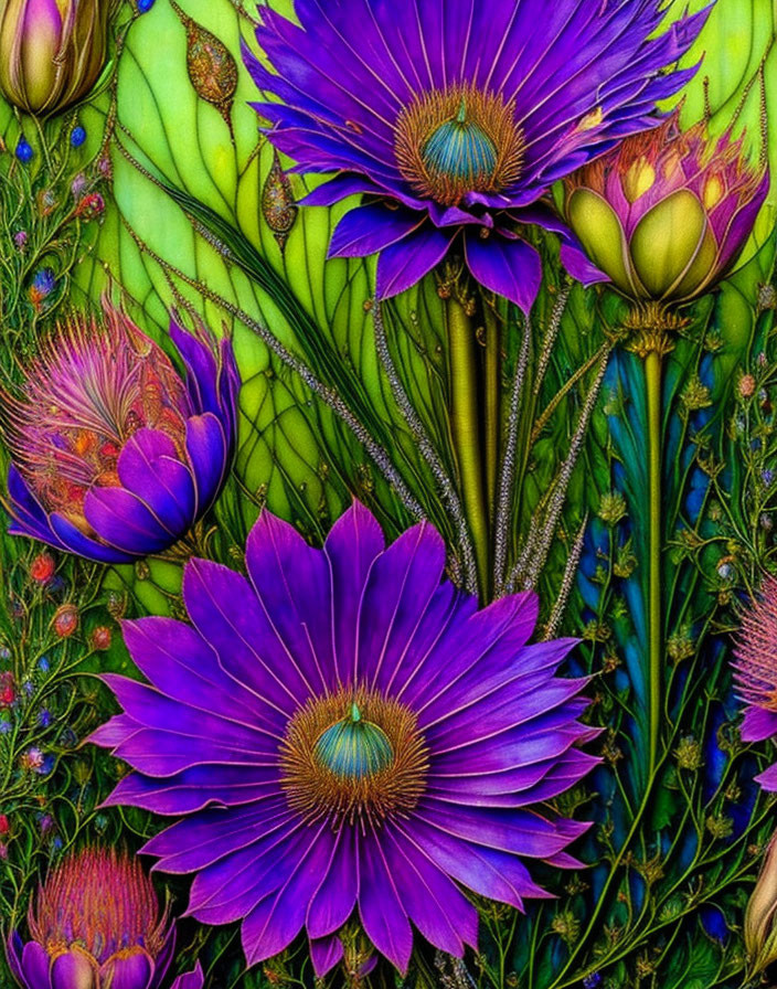 Detailed Purple Flowers with Yellow-Green Centers and Green Foliage