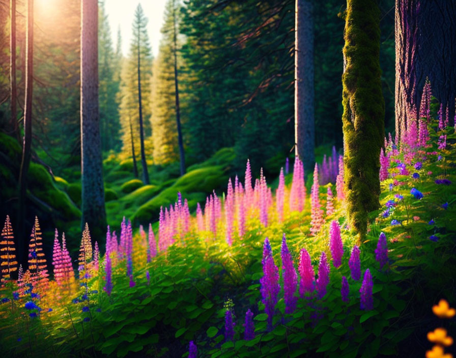 Lush forest with tall trees, sunlight, purple and blue flowers