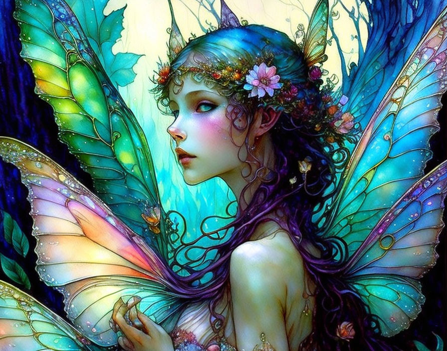 Mystical Fairy with Iridescent Wings in Enchanted Forest