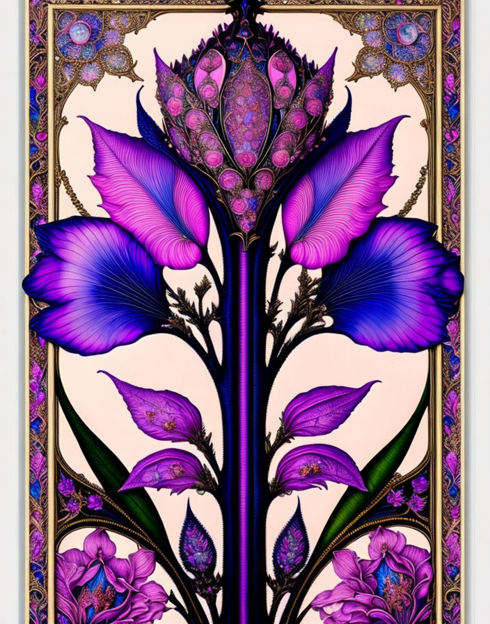 Symmetrical Art Nouveau-style Floral Illustration in Purple and Blue