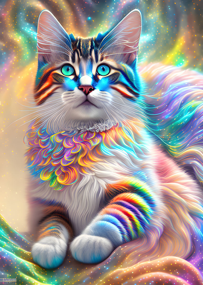 Colorful surreal cat illustration with cosmic background