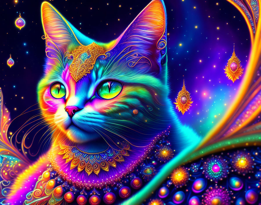 Colorful Psychedelic Cat Illustration with Cosmic Background