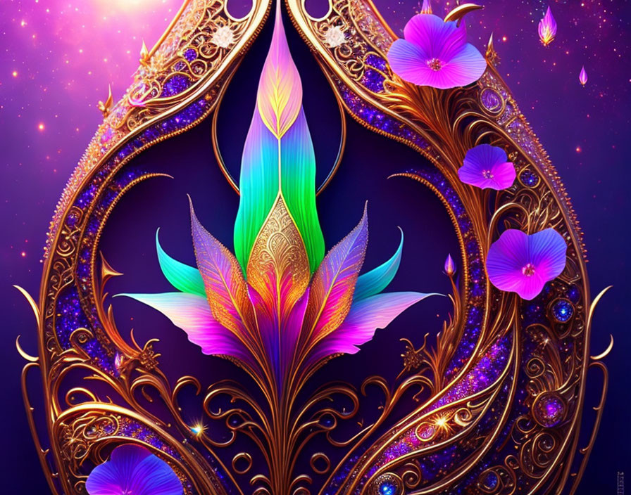 Colorful digital artwork with peacock feather motif and gold details