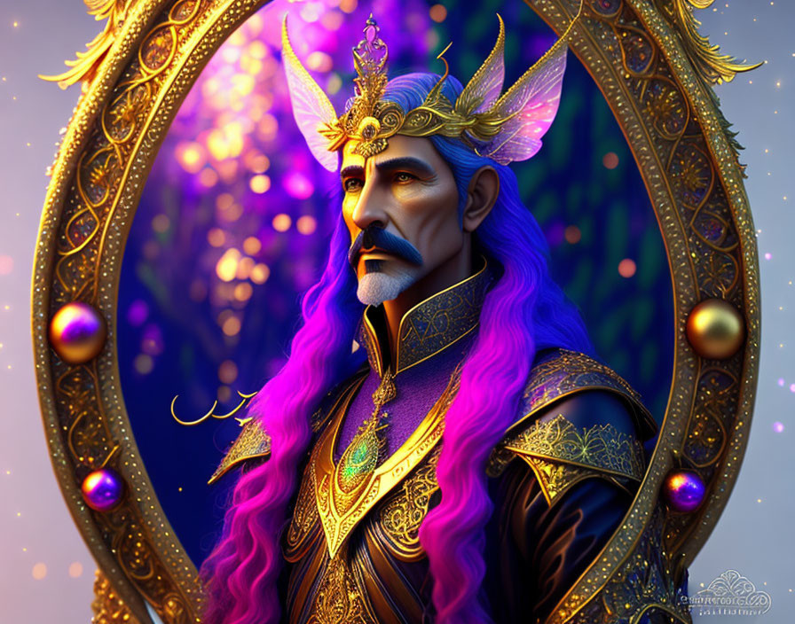 Regal king with purple hair in golden-trimmed armor by glowing portal