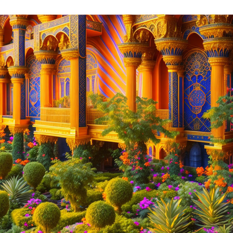 Vibrant blue and gold ornate building in lush gardens