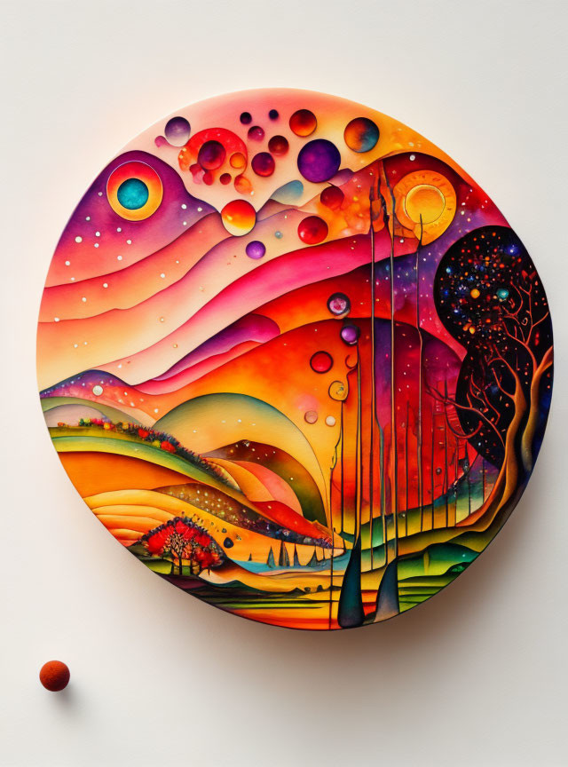 Vibrant Circular Abstract Artwork with Dreamy Landscape