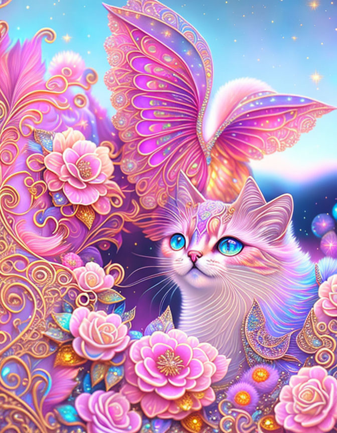 Colorful Cat and Butterfly Wing in Floral Scene