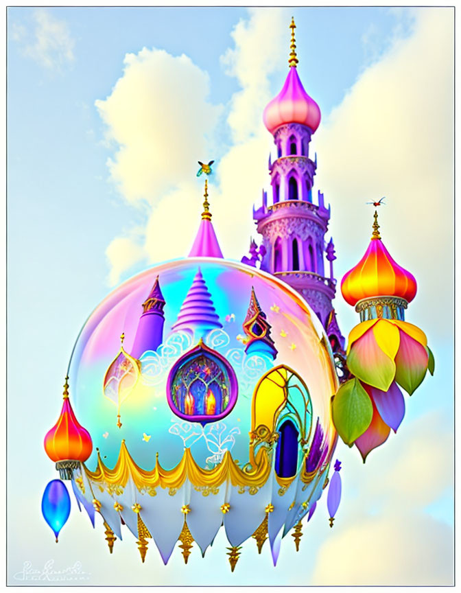 Colorful floating orb with whimsical architecture and birds in sky.