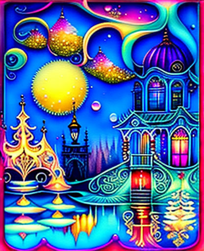 Fantasy artwork: Whimsical castle, glowing windows, stars, trees, sun, blue and