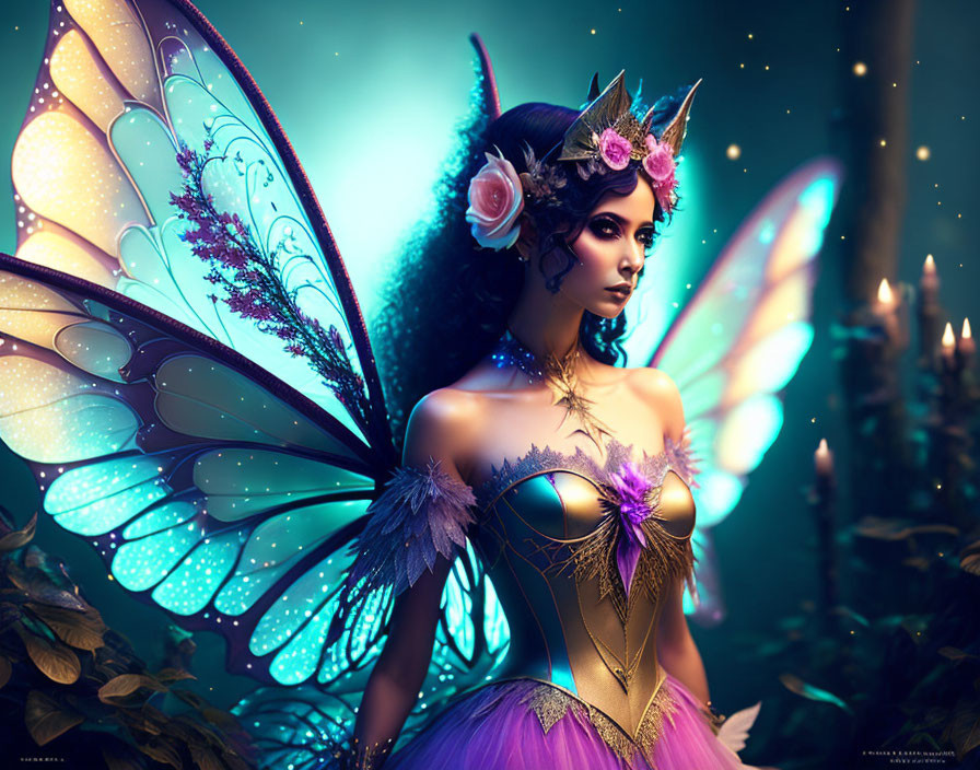 Mystical fairy in dreamy forest with butterfly wings