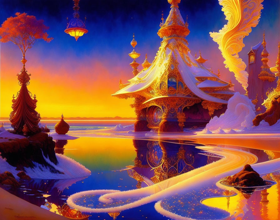 Majestic golden palace in vibrant fantasy landscape