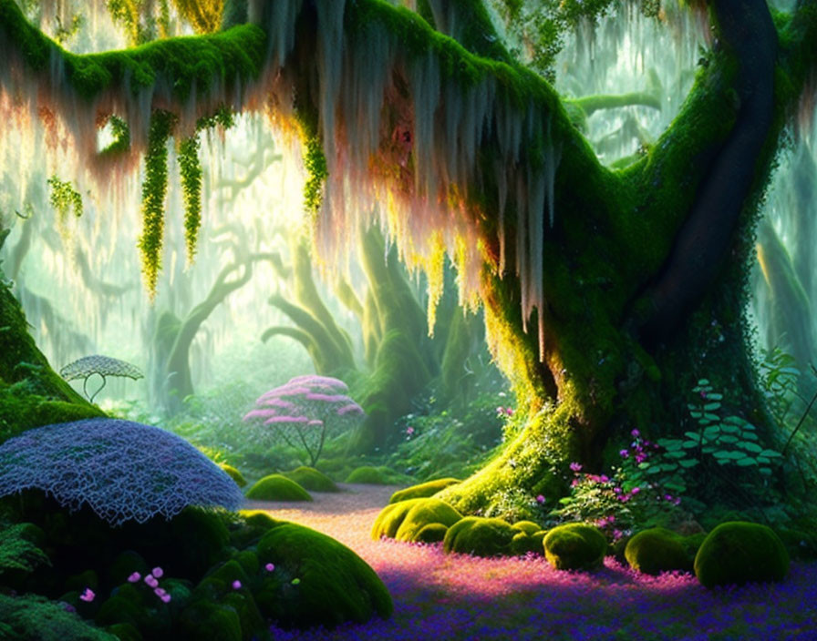 Vibrant mystical forest with hanging moss and colorful flora